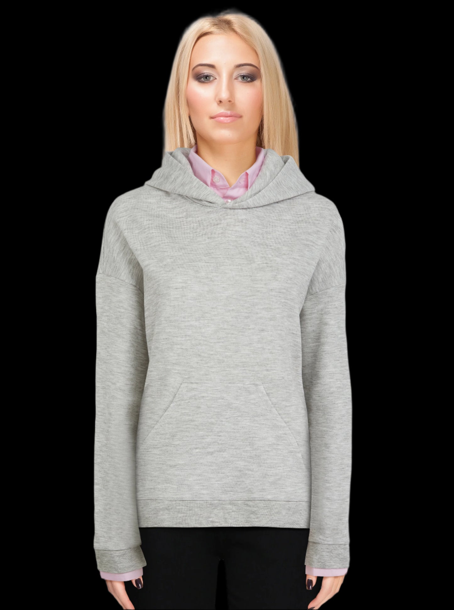 London hoodie, collared hoodie, pink colour, model close front with cuffs