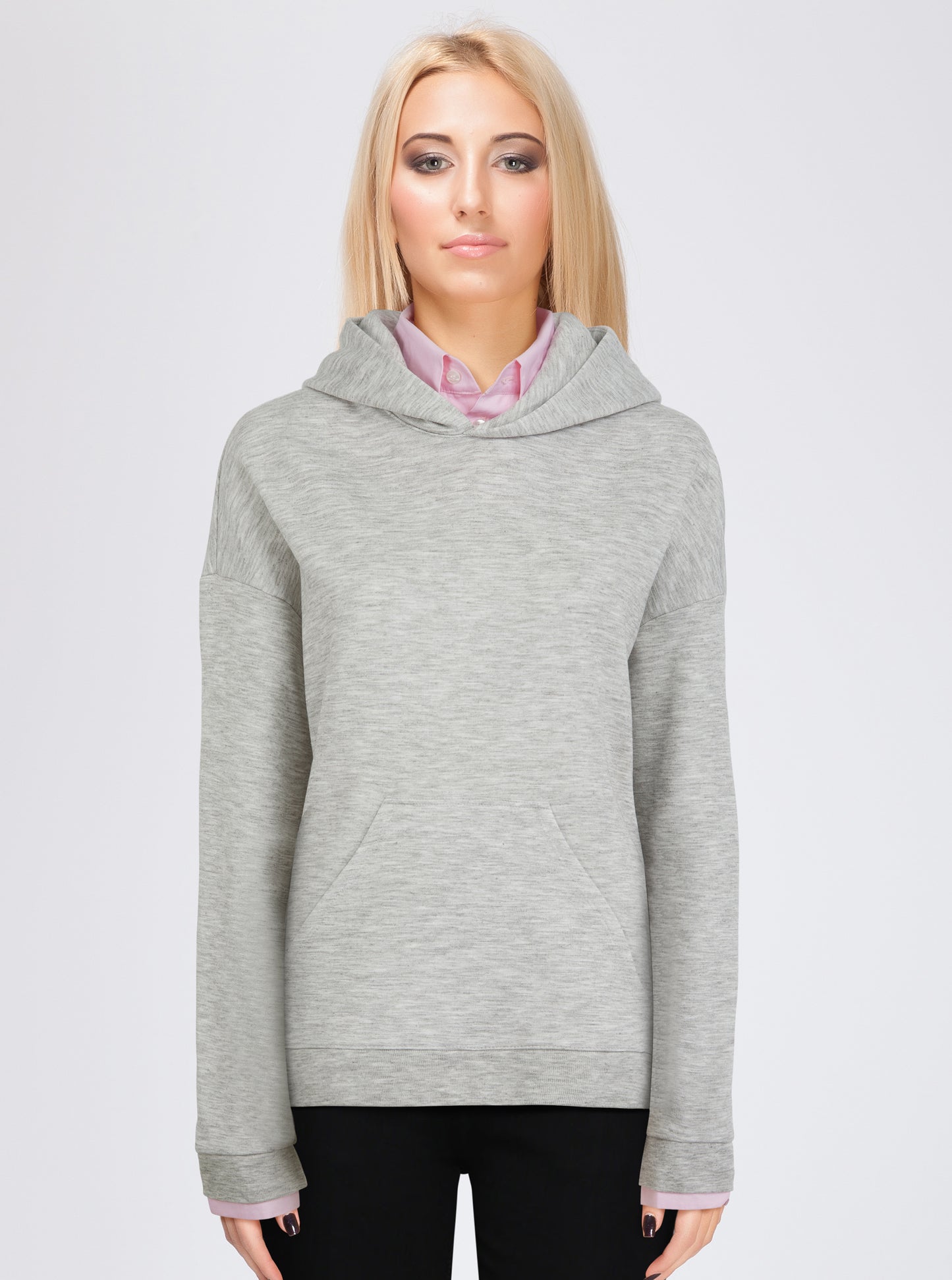 London hoodie, collared hoodie, pink colour, model close front with cuffs